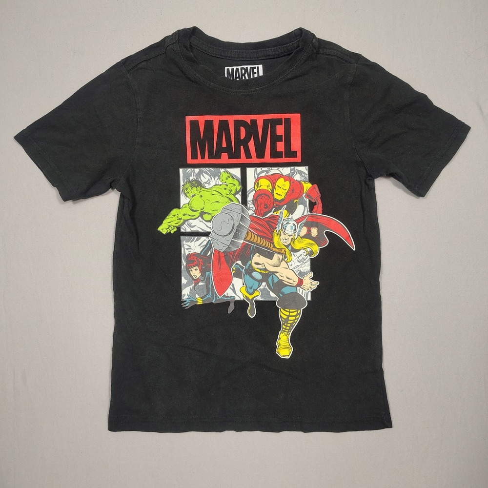 Marvel T-Shirt Kids Size M 8 Avengers Graphic Print Black Short Sleeve Tee